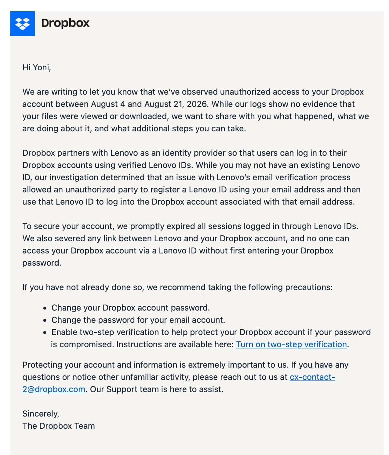 Dropbox's notice to impacted users